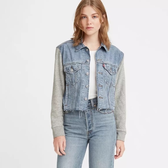 Levi’s Jean Jacket Women Large Ex Boyfriend Trucker Sweater Sleeve Button C - Picture 2 of 8